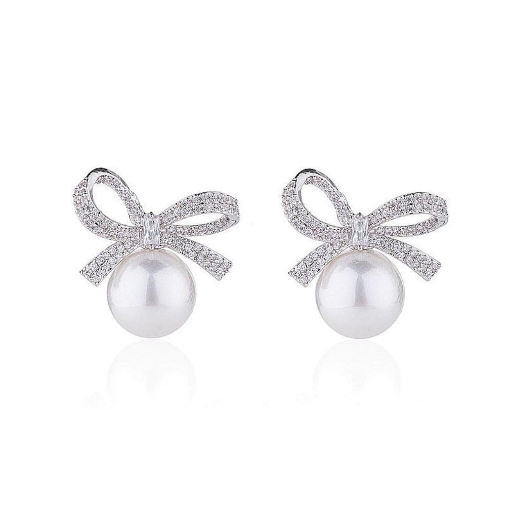 *925 Sterling Silver Pearl Diamond Bow Earrings - Picture 5 of 5